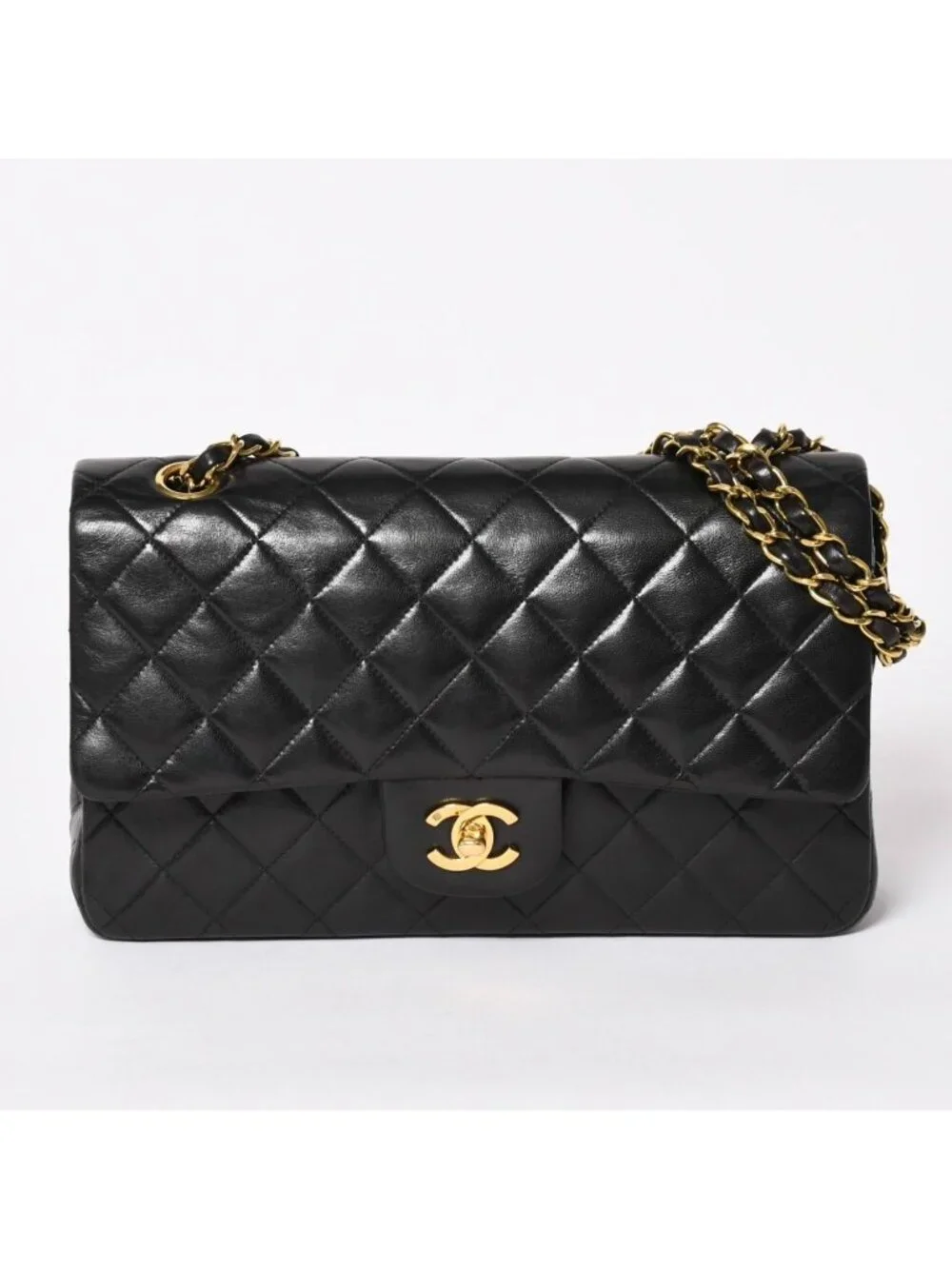 Chanel Quilted 25 Double Flap Chain Shoulder Bag Lambskin CC Logo Black